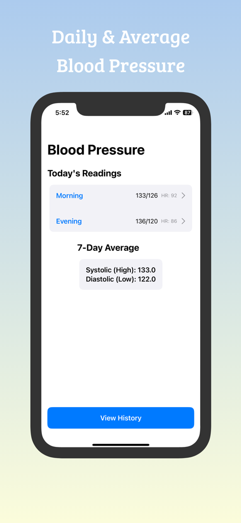 Blood Pressure Averager - A mobile screen showing morning and evening blood pressure readings and a calculated seven day average