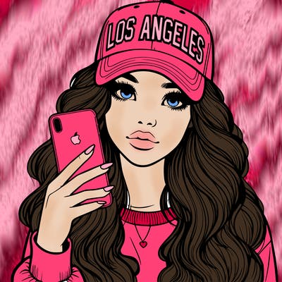 realistic beautiful girl wearing los ángeles cap holding an iphone