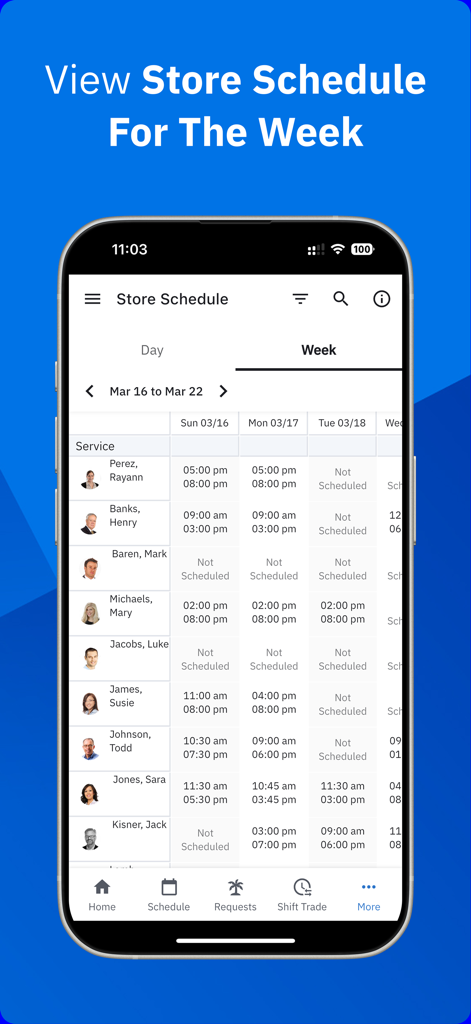 Workcloud Shift - Workcloud Shift app screen showing a weekly store schedule with employee shift times