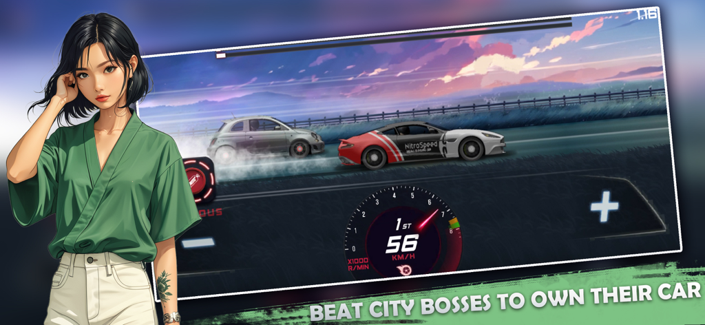 2D drag racing gameplay showing a sports car race with a female character and a prompt to beat city bosses to own their car