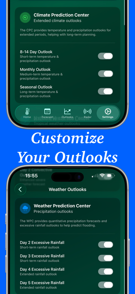 Aeravis Weather - Pantalla de smartphone mostrando configuraciones de personalización para perspectivas climáticas y de precipitación en la aplicación Aeravis Weather.