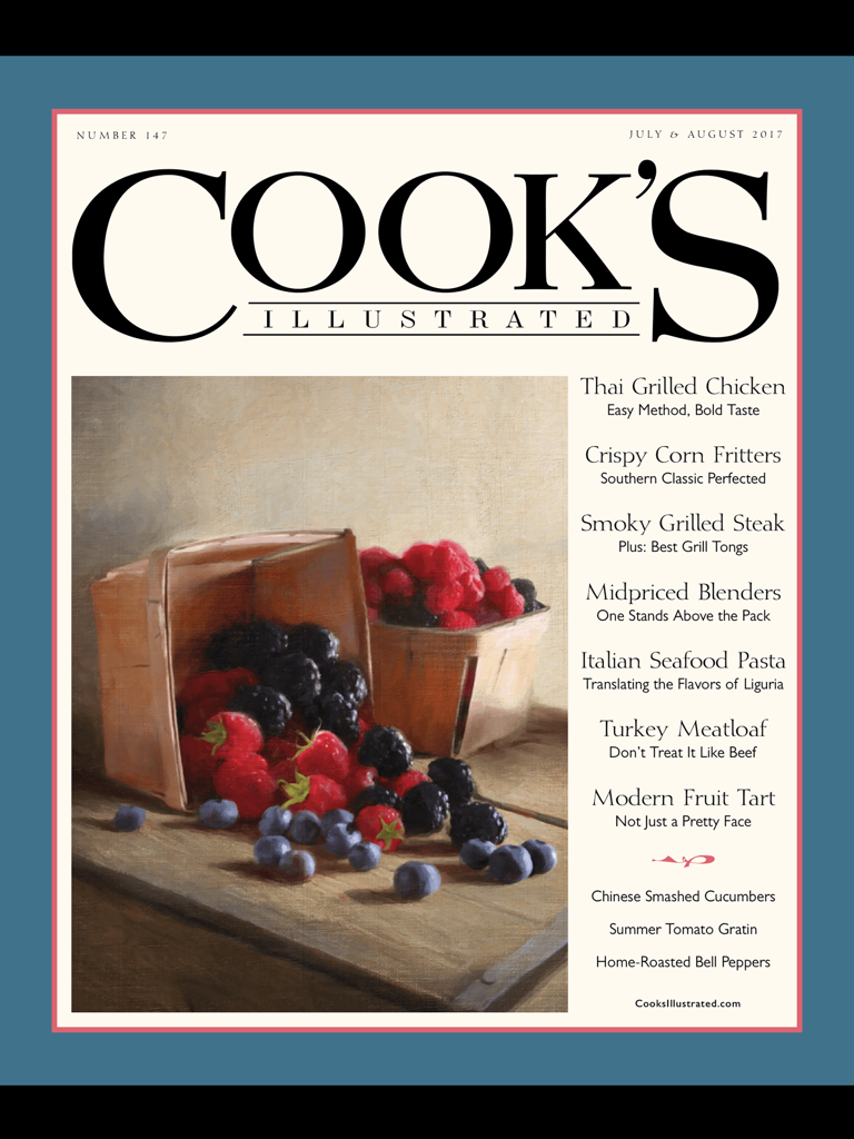 Front cover of Cook's Illustrated magazine July August 2017 issue featuring a berry still life painting.