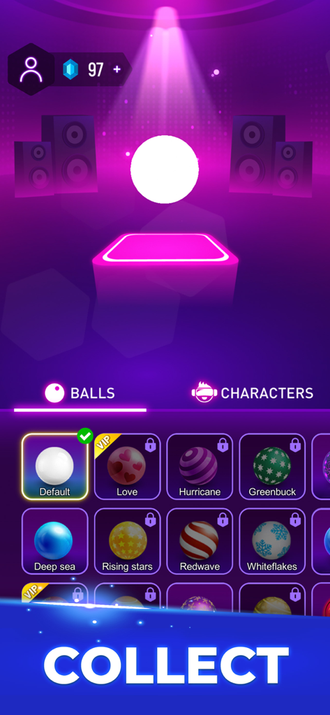 Tiles Hop: Music Ball Clash - Menú del juego de Tiles Hop que muestra una variedad de skins de bola coleccionables con nombres como Deep sea y Redwave en una interfaz púrpura de neón