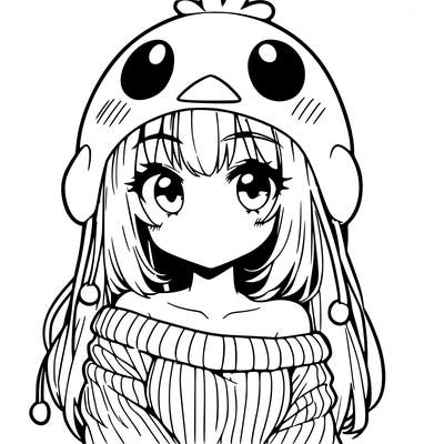 anime girl with chick shaped hat with sweater with bare shoulders with bangs covering them one eye with low tail
