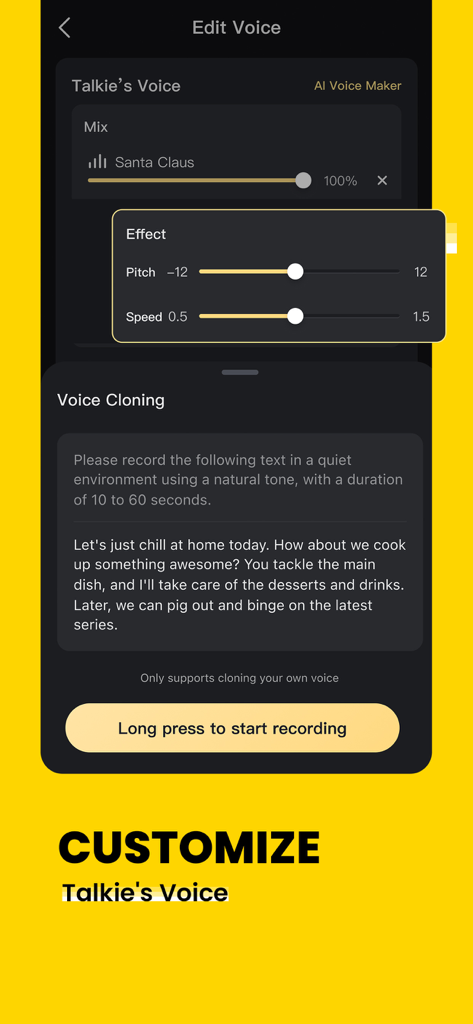 A mobile screen showing the Talkie app interface for editing and cloning AI voices with pitch and speed controls.