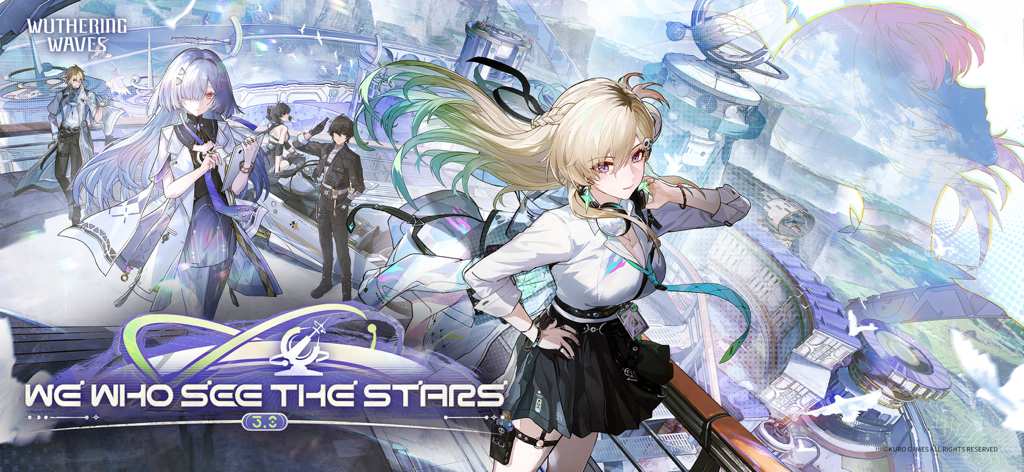 Wuthering Waves — To Lahai-Roi - Arte promocional para la versión 3.0 de Wuthering Waves con varios personajes de anime en un entorno futurista