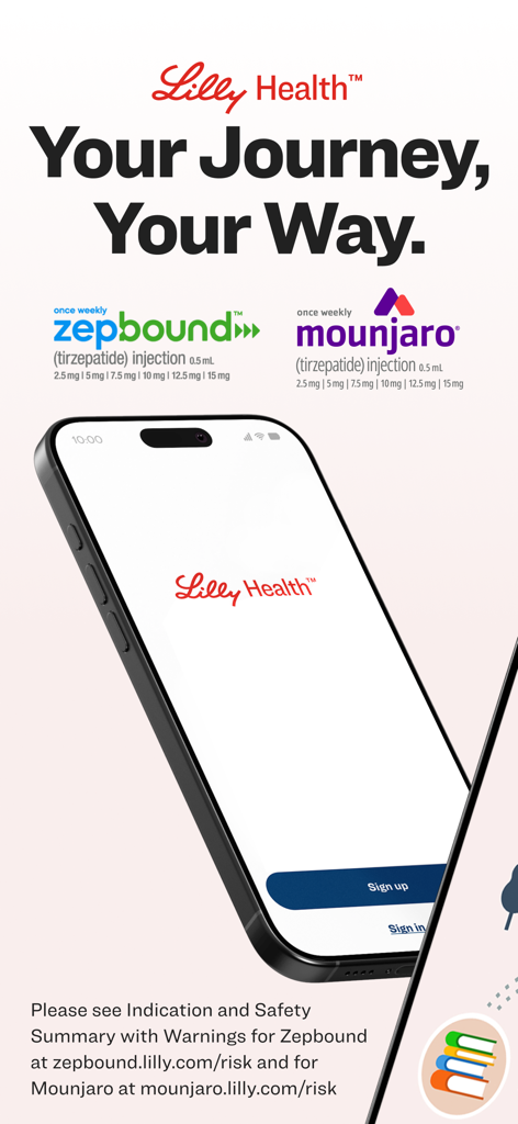 Pantalla de inicio de la aplicación Lilly Health con los logotipos de Zepbound y Mounjaro