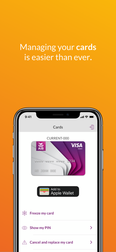 AIB Mobile app card management screen displaying Visa Debit card with options to freeze card and add to Apple Wallet.