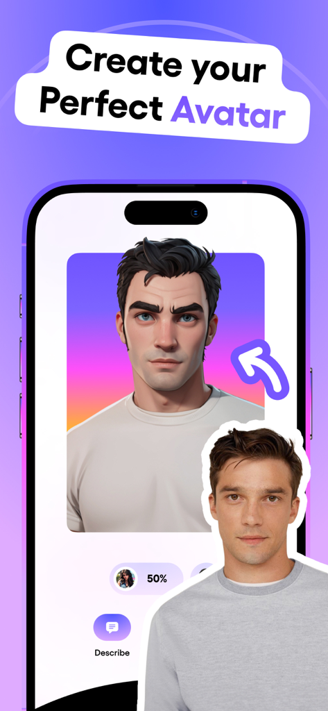 Una comparación entre una foto real de un hombre y su foto de perfil de avatar de caricatura 3D generado por IA.