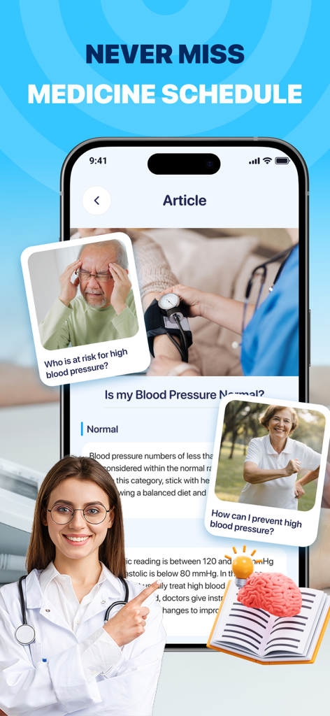 BP Tracker: Pressure Log - Una pantalla de aplicación móvil que presenta recordatorios de horario de medicamentos y artículos educativos sobre la presión arterial con un médico sonriente.