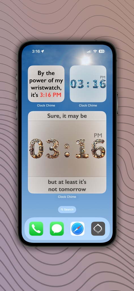 Tela inicial do iPhone apresentando widgets engraçados do aplicativo Clock Chime com temas de relógio personalizados e frases divertidas.
