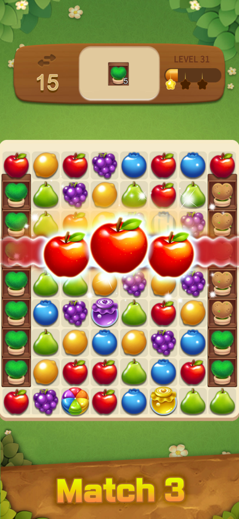 Fruits Magic : Match 3 Puzzle - Jugabilidad del puzzle de combinar 3 Fruits Magic mostrando coloridas combinaciones de frutas y efectos de explosión.