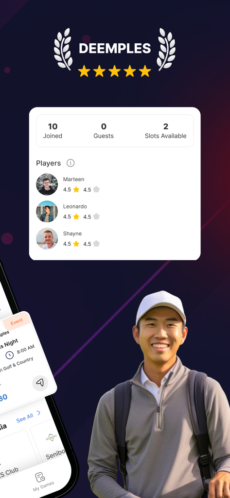 Écran de l'application Deemples montrant les évaluations des joueurs et les créneaux disponibles pour une partie de golf