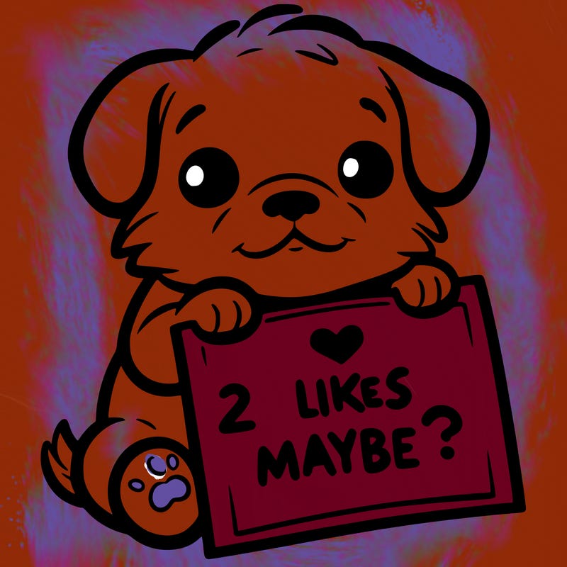 a puppy holding a sign that says 2 likes maybe?