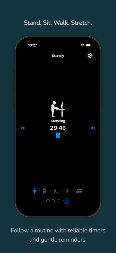 Standly | Standing desk timer - Standly app interface showing a countdown timer for standing at a desk with a workplace routine sequence.