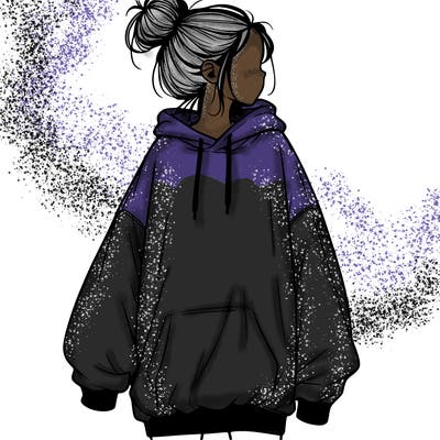 realistic girl with a oversized sweatshirt on and a bun