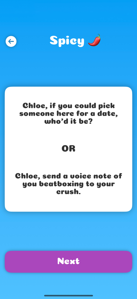 Pantalla de reto de verdad o reto picante en la aplicación móvil Dirty Party