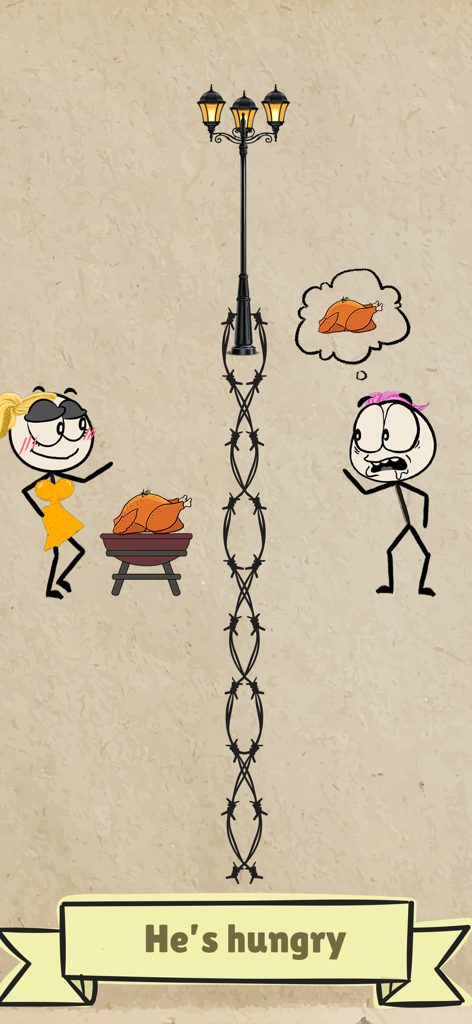 Thief Puzzle: Escape Games - A brain teaser puzzle level showing a hungry stick man character trying to reach a roasted turkey behind barbed wire.