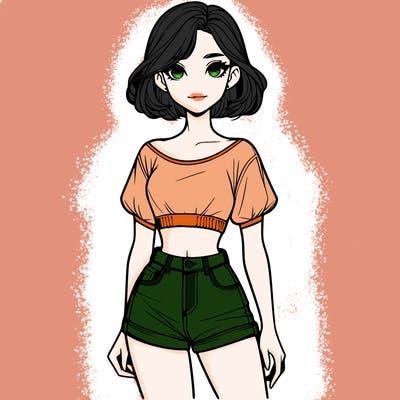 a realistic girl with her hair up in a crop top and shorts