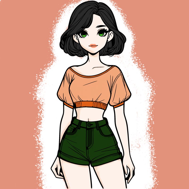 a realistic girl with her hair up in a crop top and shorts