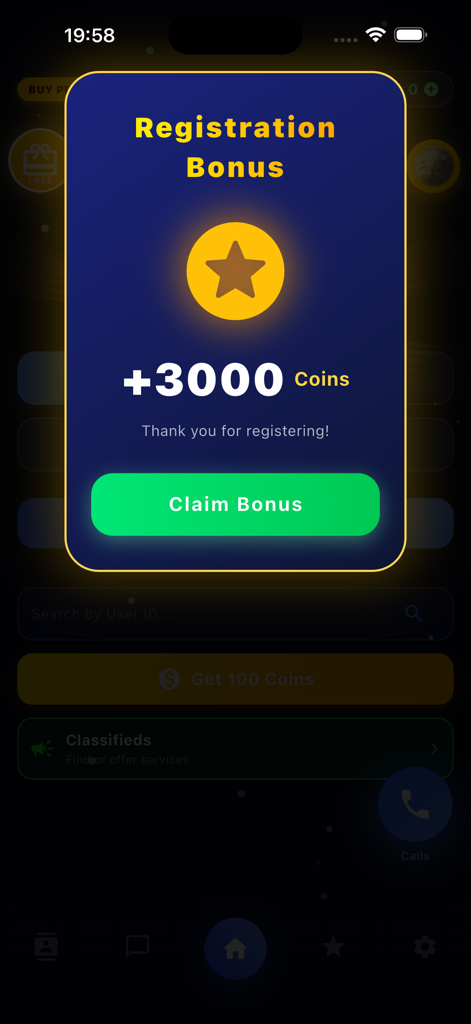1001SMS —Anonymous Chat, Calls - 1001SMS app registration bonus pop up offering 3000 coins