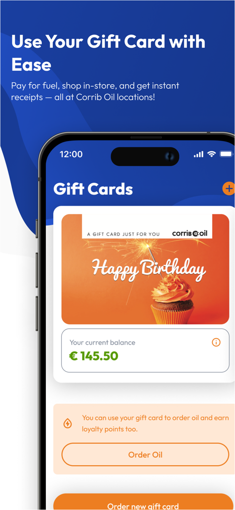 Corrib Oil - Mobile app screen showing a Corrib Oil birthday gift card with a balance of 145.50 Euros