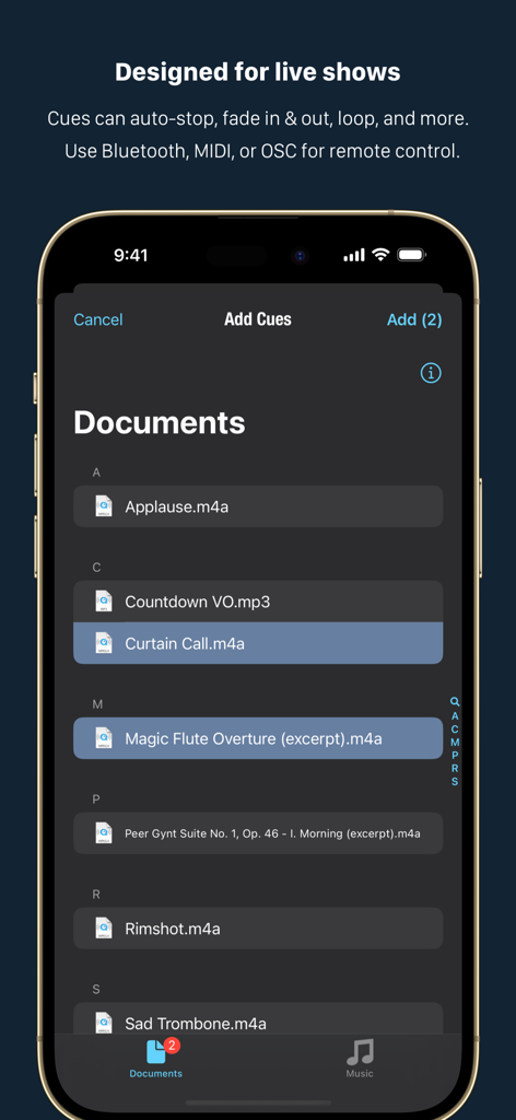 Ecrã da aplicação Go Button Pro para adicionar deixas de áudio a partir de uma lista de documentos para controlo de som de espetáculos ao vivo.