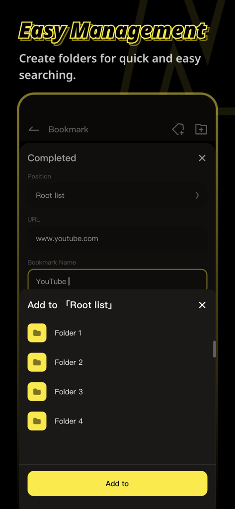 Nimbo-UltraBrowse - Interfaz móvil de Nimbo UltraBrowse mostrando cómo agregar y organizar marcadores en carpetas