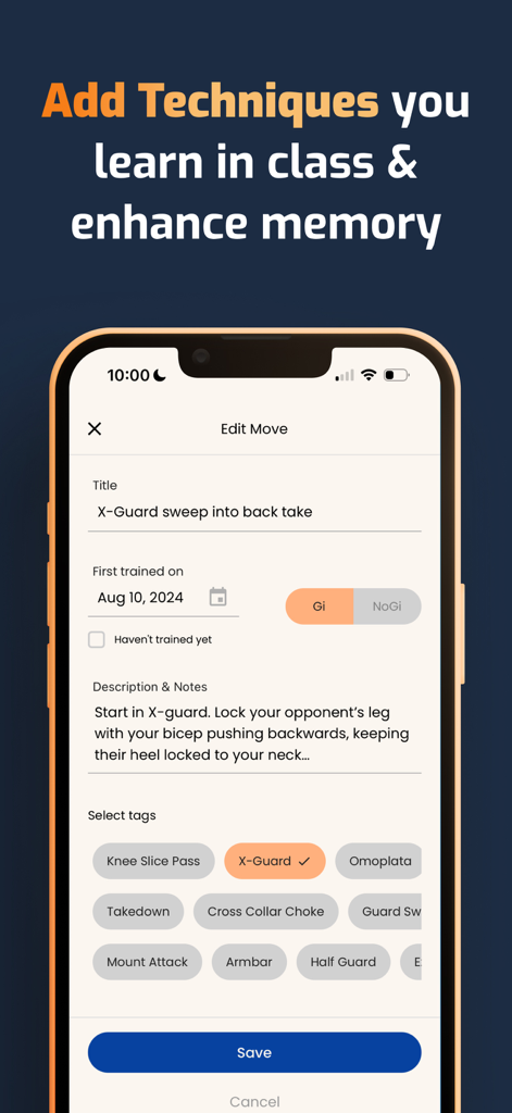 Kimura - BJJ Notes & Sessions - 제목, 설명 및 카테고리 태그 필드를 포함하여 Kimura 앱에 새로운 브라질리언 주짓수 기술을 기록하기 위한 인터페이스