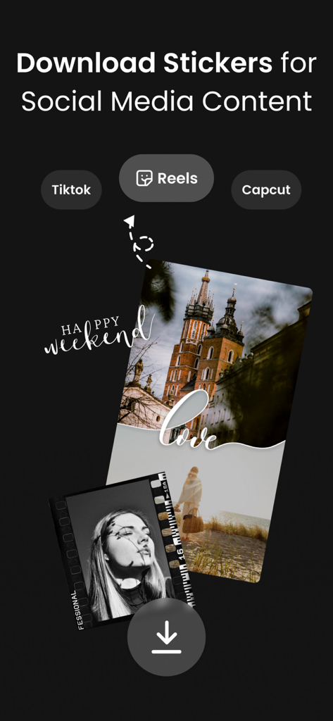 Schermata dell'app Vivisticker che mostra adesivi estetici e sovrapposizioni di foto per creatori di contenuti TikTok e Reel.