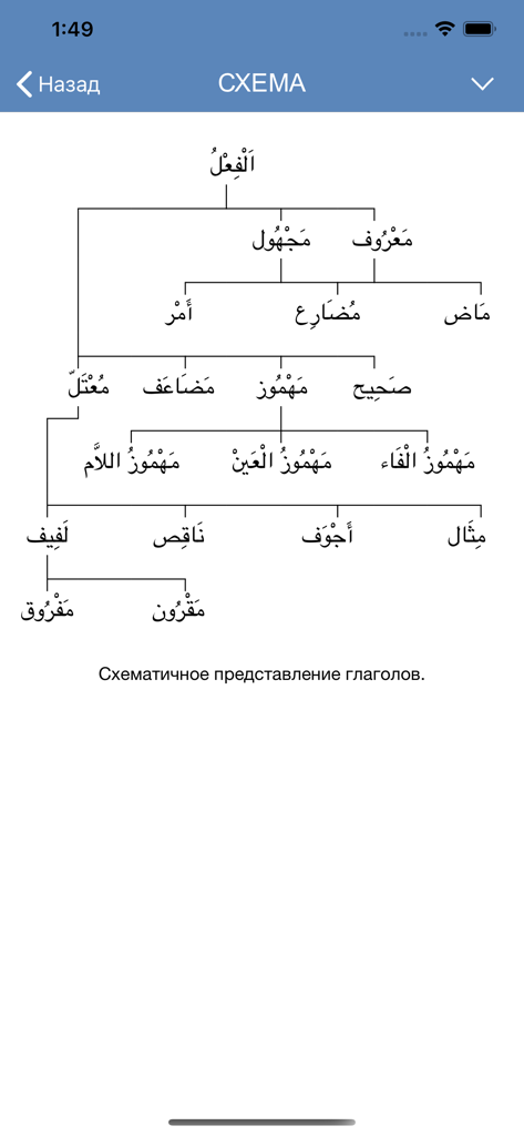 Арабские глаголы - A diagram illustrating the hierarchical classification and structure of Arabic verbs in the Russian language app.