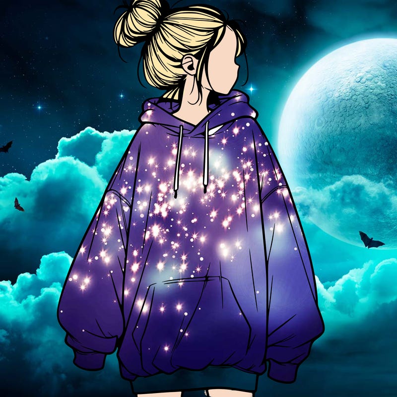 realistic girl with a oversized sweatshirt on and a bun