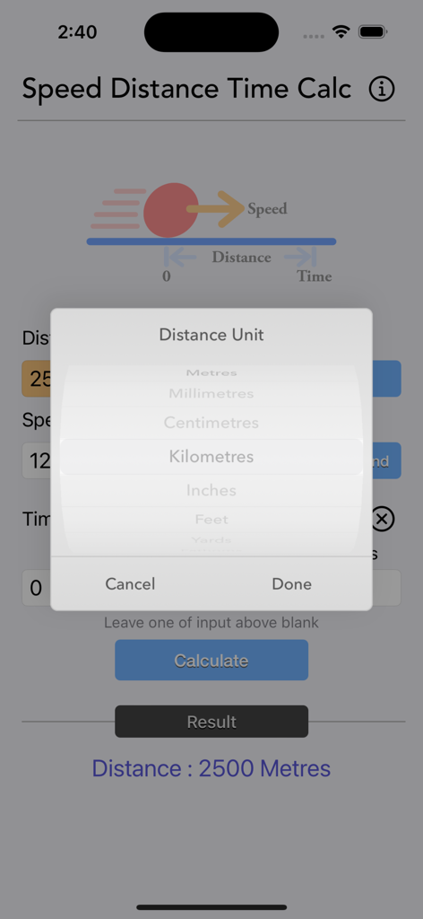 Speed Distance Time Calc app interface showing a popup menu to select distance units like kilometres and miles
