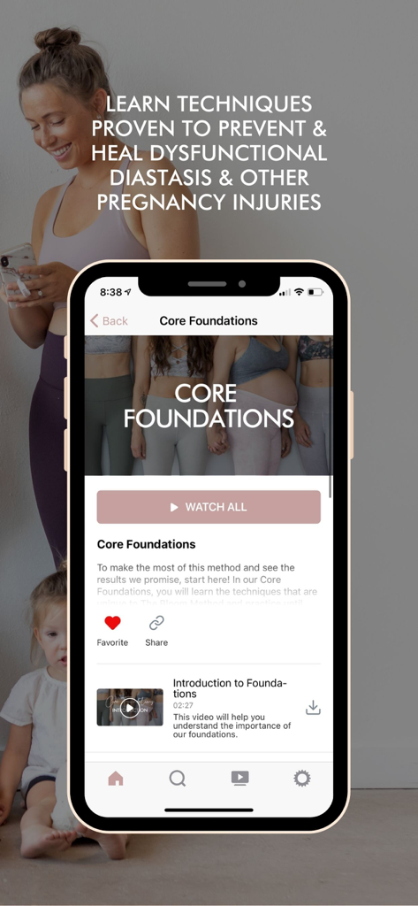 Studio Bloom app displaying Core Foundations program for pregnancy injury prevention and healing
