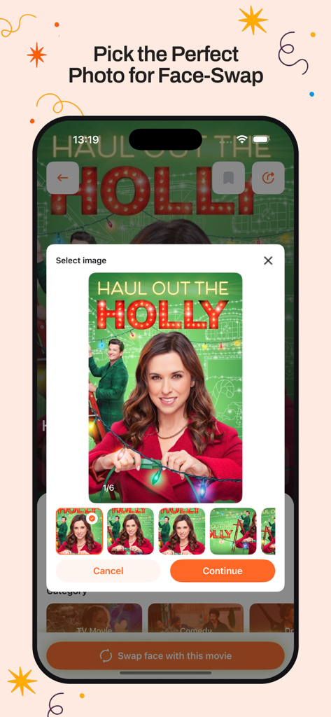 Woodfix : Movie & TV Shows - Interface of the Woodfix app showing a gallery of movie scenes to pick from for a face swap