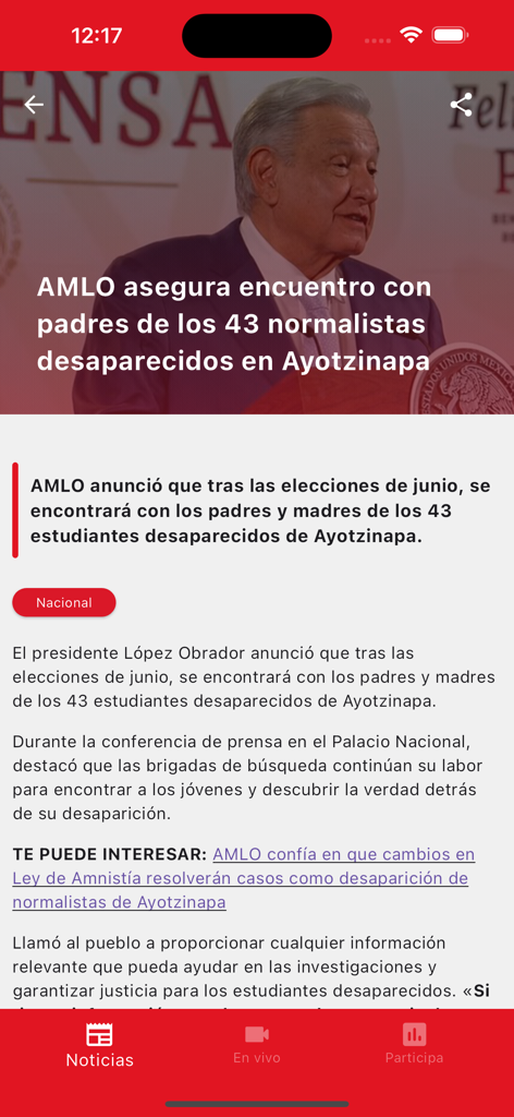 NRT México - Pantalla de artículo de noticias en la app NRT Mexico con un reportaje sobre el presidente AMLO y el caso Ayotzinapa