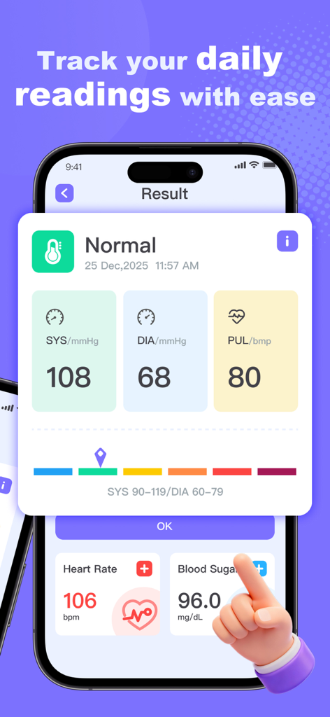 Easy BloodPressure - Easy BloodPressure app interface showing normal blood pressure heart rate and blood sugar readings