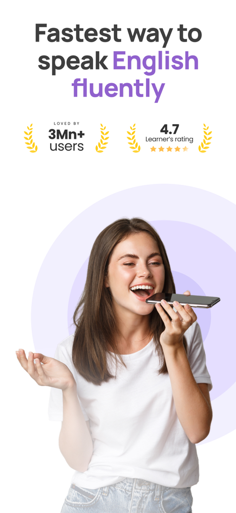 Stimuler- English Speaking App - Una mujer usando su smartphone para practicar inglés hablado en la app Stimuler con altas calificaciones de usuario.
