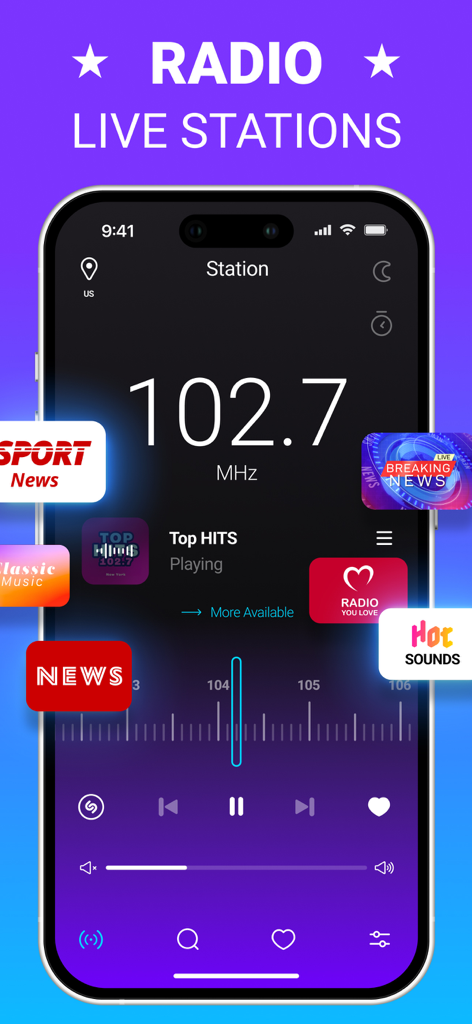 Radio FM & AM: All Stations - FM/AM 라디오 앱 인터페이스, 수동 주파수 튜닝 및 뉴스, 히트곡과 같은 카테고리 표시