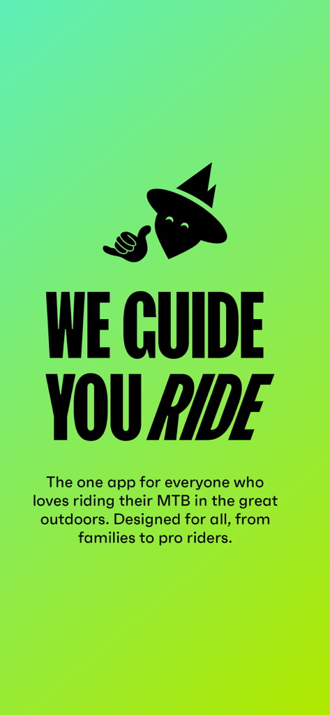 MowiBike - Tela de introdução do aplicativo MowiBike com o slogan We Guide You Ride e um logotipo mascote de ciclista de montanha