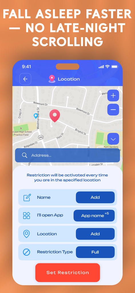 Screen Time Blocker: app Limit - Screen Time Blocker app interface for setting location-based app restrictions to improve sleep