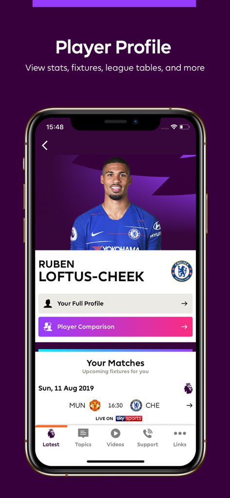 A mobile app screen showing a professional player profile for Ruben Loftus-Cheek with sections for stats fixtures and player comparison