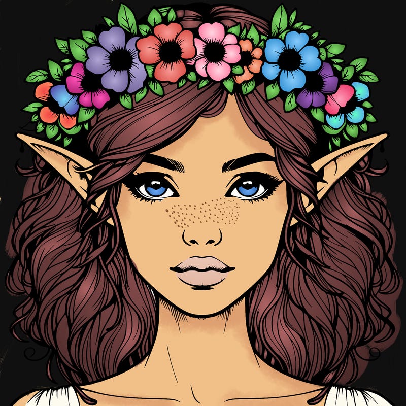 realistic female elf with flower crown