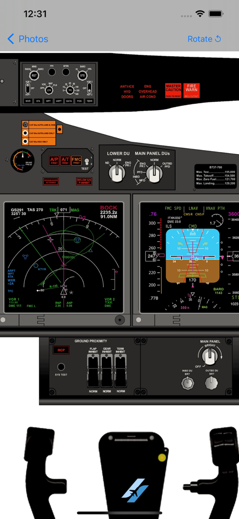 iBOEING Type Rating Prep - Interactive Boeing 737 cockpit simulator showing primary flight and navigation displays