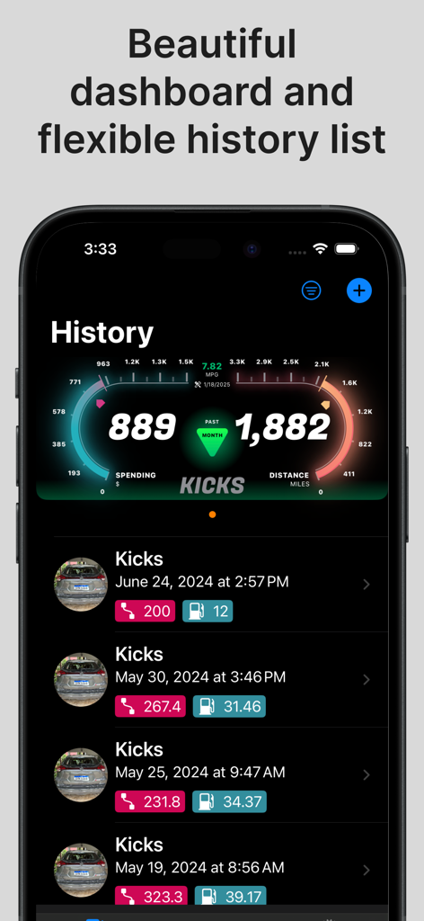 Fuel Tracker - Gas & Mileage - Vista del panel y lista del historial de repostajes de la aplicación Fuel Tracker en un iPhone