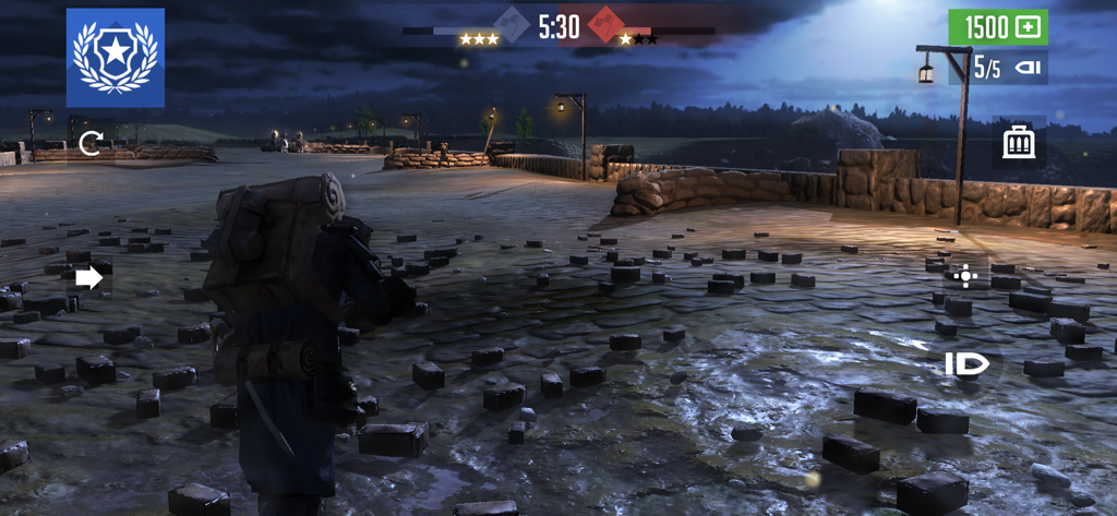 A soldier stands on a rainy cobblestone battlefield at night in the game Noblemen 1896