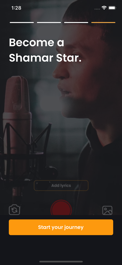 Shamar - Shamar app onboarding screen with a singer in a studio and the headline Become a Shamar Star