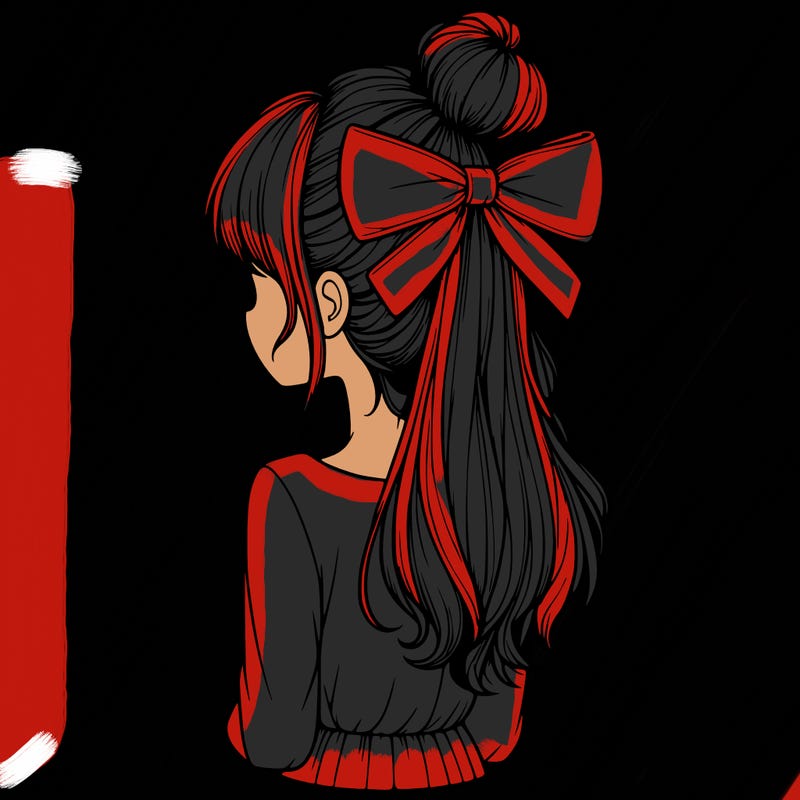 realistic girl  with hip length hair a bun and a big bow on the back of head
