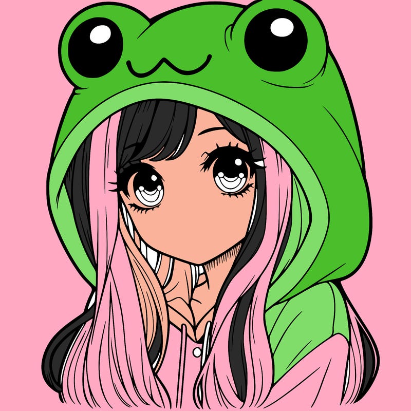a pretty girl wearing a frog hoodie portrait with long hair