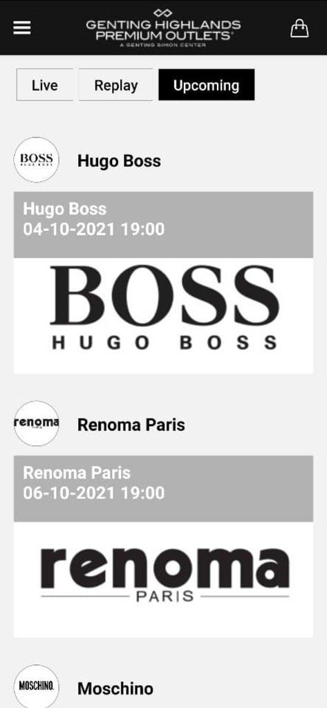 Premium Outlets Malaysia - Captura de tela do aplicativo móvel Premium Outlets Malaysia mostrando as próximas ofertas de marcas para Hugo Boss e Renoma Paris.